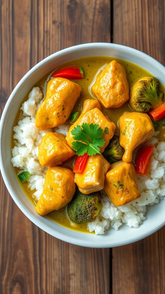 A bowl of Retro Blue Curry Chicken with chicken, coconut sauce, rice, and vegetables on a rustic table.